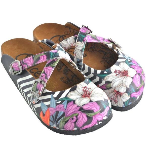 Calcio size 38 EU / 7.5 US Black & Pink Floral Stripe Clogs EUC - Picture 2 of 16